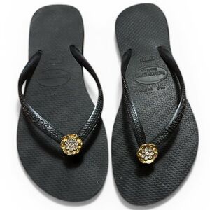 Havaianas Black and Gold Women's Flip Flops, crystal flower design
